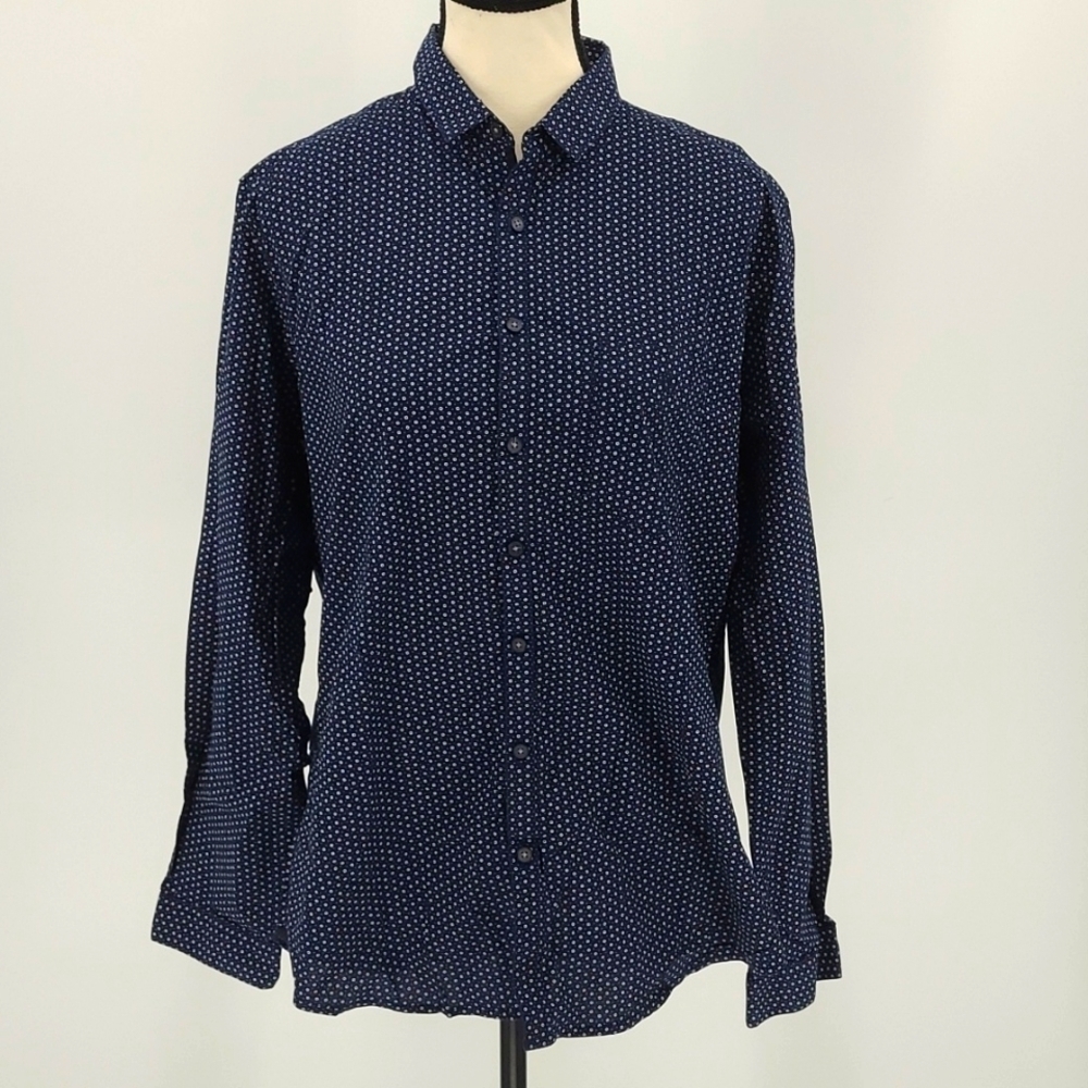VanHeusen Sport Size 40 Navy Blue Printed Slim Fit Button Down Shirt